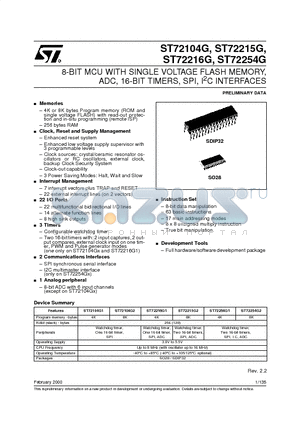 ST72216G datasheet - 8-BIT MCU WITH SINGLE VOLTAGE FLASH MEMORY, ADC, 16-BIT TIMERS, SPI, I2C INTERFACES