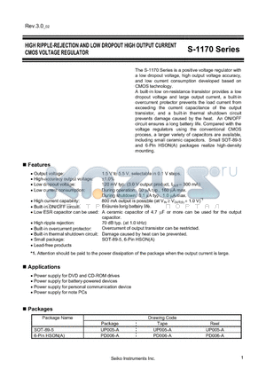 S-1170B17PD-OTCTFG datasheet - HIGH RIPPLE-REJECTION AND LOW DROPOUT HIGH OUTPUT CURRENT CMOS VOLTAGE REGULATOR