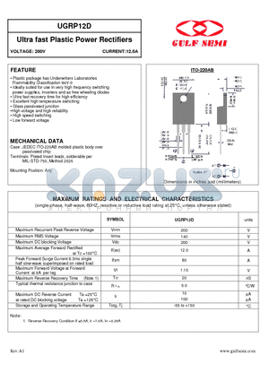 UGRP12D datasheet - Ultra fast Plastic Power Rectifiers VOLTAGE: 200V CURRENT:12.0A
