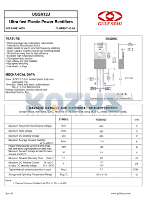 UGSA12J datasheet - Ultra fast Plastic Power Rectifiers VOLTAGE: 600V CURRENT:12.0A