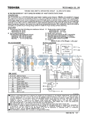 TC551402J datasheet - 4,194,304 WORD BY 1-BIT/1,048,576 WORD BY 4 BIT CMOS STATIC RAM