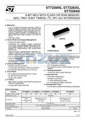 ST72260G1M6 datasheet - 8-BIT MCU WITH FLASH OR ROM MEMORY, ADC, TWO 16-BIT TIMERS, I2C, SPI, SCI INTERFACES