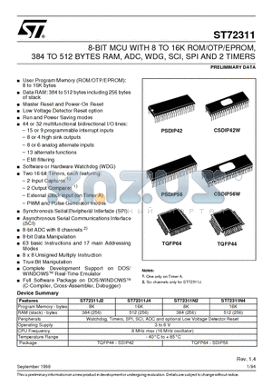 ST72311J2B6 datasheet - 8-BIT MCU WITH 8 TO 16K ROM/OTP/EPROM, 384 TO 512 BYTES RAM, ADC, WDG, SCI, SPI AND 2 TIMERS