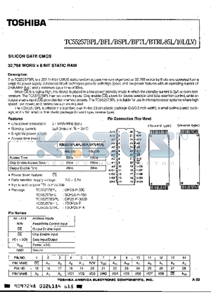 TC55257BSPL-10 datasheet - SILICON GATE CMOS 32,768 WORD X 8 BIT STATIC RAM