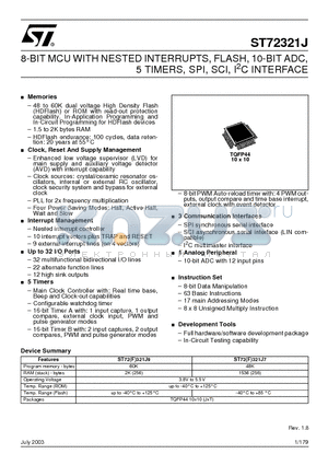 ST72321J7 datasheet - 8-BIT MCU WITH NESTED INTERRUPTS, FLASH, 10-BIT ADC, 5 TIMERS, SPI, SCI, I2C INTERFACE