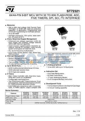 ST72321 datasheet - 64/44-PIN 8-BIT MCU WITH 32 TO 60K FLASH/ROM, ADC,FIVE TIMERS, SPI, SCI, I2C INTERFACE