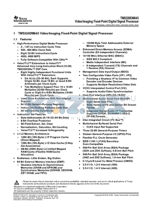 TMS320DM643GNZ500 datasheet - Video/Imaging Fixed-Point Digital Signal Processo