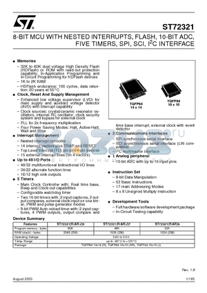 ST723216 datasheet - 8-BIT MCU WITH NESTED INTERRUPTS, FLASH, 10-BIT ADC, FIVE TIMERS, SPI, SCI, I2C INTERFACE