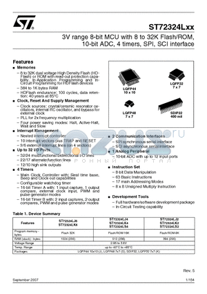 ST72324BLJ2B6 datasheet - 3V range 8-bit MCU with 8 to 32K Flash/ROM, 10-bit ADC, 4 timers, SPI, SCI interface