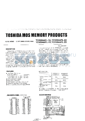 TC5564APL-15 datasheet - 8,192 WORD X 8 BIT CMOS STATIC RAM