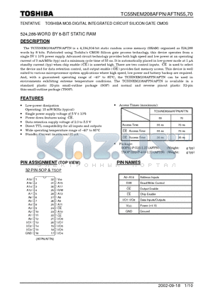 TC55NEM208AFPN70 datasheet - TENTATIVE TOSHIBA MOS DIGITAL INTEGRATED CIRCUIT SILICON GATE CMOS