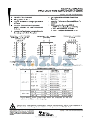 SN74LV139ADRE4 datasheet - DUAL 2-LINE TO 4-LINE DECODERS/DEMULTIPLEXERS