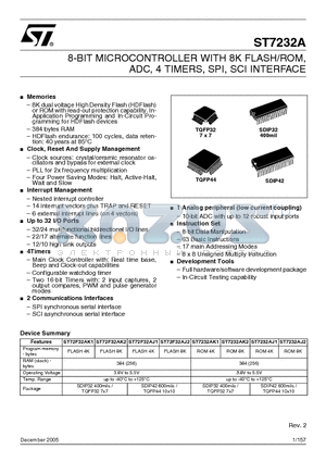 ST7232AJ1T1 datasheet - 8-BIT MICROCONTROLLER WITH 8K FLASH/ROM, ADC, 4 TIMERS, SPI, SCI INTERFACE