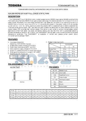 TC55V040AFT-70 datasheet - 524,288-WORD BY 8-BIT FULL CMOS STATIC RAM