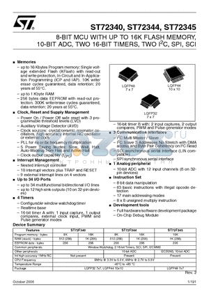 ST72344 datasheet - 8-BIT MCU WITH UP TO 16K FLASH MEMORY, 10-BIT ADC, TWO 16-BIT TIMERS, TWO I2C, SPI, SCI