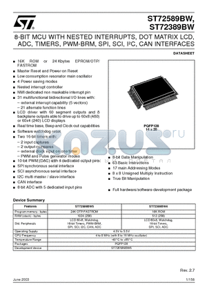 ST72389BW datasheet - 8-BIT MCU WITH NESTED INTERRUPTS, DOT MATRIX LCD, ADC, TIMERS, PWM-BRM, SPI, SCI, IbC, CAN INTERFACES