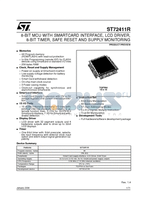 ST72411T1 datasheet - 8-BIT MCU WITH SMARTCARD INTERFACE, LCD DRIVER, 8-BIT TIMER, SAFE RESET AND SUPPLY MONITORING