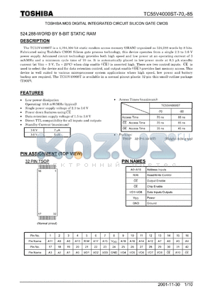 TC55V4000ST-70 datasheet - 524,288-WORD BY 8-BIT STATIC RAM