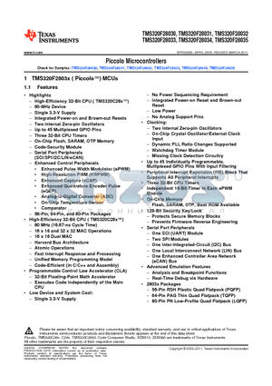 TMS320F28030PAGT datasheet - Piccolo Microcontrollers