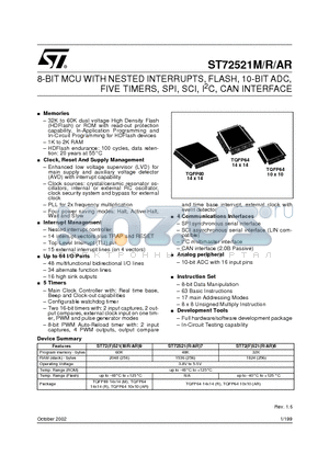 ST72521M7 datasheet - 8-BIT MCU WITH NESTED INTERRUPTS, FLASH, 10-BIT ADC, FIVE TIMERS, SPI, SCI, I2C, CAN INTERFACE