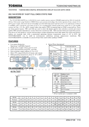 TC55VCM216ASTN55 datasheet - TENTATIVE TOSHIBA MOS DIGITAL INTEGRATED CIRCUIT SILICON GATE CMOS