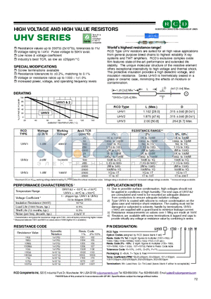 UHV3-105-FT datasheet - HIGH VOLTAGE AND HIGH VALUE RESISTORS