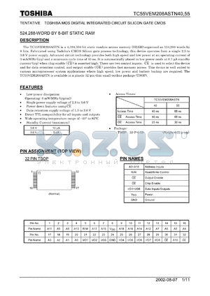 TC55VEM208ASTN55 datasheet - TOSHIBA MOS DIGITAL INTEGRATED CIRCUIT SILICON GATE CMOS