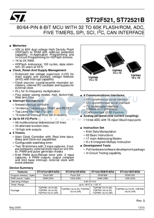 ST72521BAR9 datasheet - 80/64-PIN 8-BIT MCU WITH 32 TO 60K FLASH/ROM, ADC, FIVE TIMERS, SPI, SCI, I2C, CAN INTERFACE