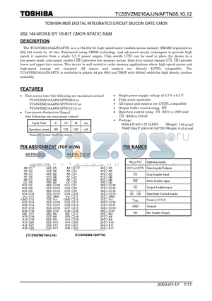 TC55VZM216AJJN08 datasheet - 262,144-WORD BY 16-BIT CMOS STATIC RAM