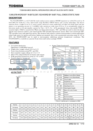 TC55W1600FT-55 datasheet - 1,048,576-WORD BY 16-BIT/2,097,152-WORD BY 8-BIT FULL CMOS STATIC RAM