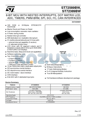 ST72589BW5 datasheet - 8-BIT MCU WITH NESTED INTERRUPTS, DOT MATRIX LCD, ADC, TIMERS, PWM-BRM, SPI, SCI, IbC, CAN INTERFACES