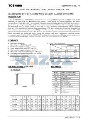 TC55W800FT-55 datasheet - 524,288-WORD BY 16-BIT/1,048,576-WORD BY 8-BIT FULL CMOS STATIC RAM