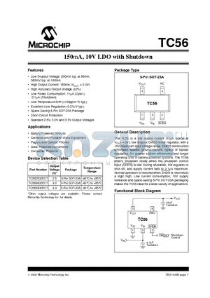 TC56 datasheet - 150mA, 10V LDO with Shutdown