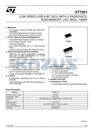 ST72611F1 datasheet - LOW SPEED USB 8-BIT MCU WITH 3 ENDPOINTS, ROM MEMORY, LVD, WDG, TIMER