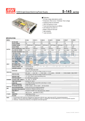 S-145 datasheet - 145W Single Output Switching Power Supply