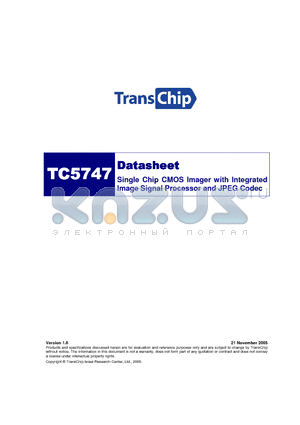 TC5747 datasheet - Single Chip CMOS Imager with Integrated Image Signal Processor and JPEG Codec