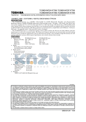 TC58DVM82A1FT00 datasheet - 128-MBIT (16M x 8 BITS/8M x 16BITS) CMOS NAND E2PROM