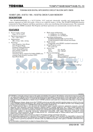 TC58FVB160AFT-10 datasheet - TOSHIBA MOS DIGITAL INTEGRATED CIRCUIT SILICON GATE CMOS