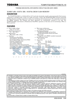 TC58FVB321FT-70 datasheet - TOSHIBA MOS DIGITAL INTEGRATED CIRCUIT SILICON GATE CMOS 32-MBIT (4M X 8 BITS / 2M X 16 BITS) CMOS FLASH MEMORY