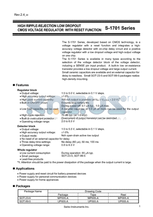 S-1701B2521-U5T1G datasheet - HIGH RIPPLE-REJECTION LOW DROPOUT CMOS VOLTAGE REGULATOR WITH RESET FUNCTION