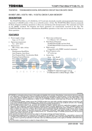 TC58FVB641FTXB-70 datasheet - 64-MBIT (8M  8 BITS / 4M  16 BITS) CMOS FLASH MEMORY