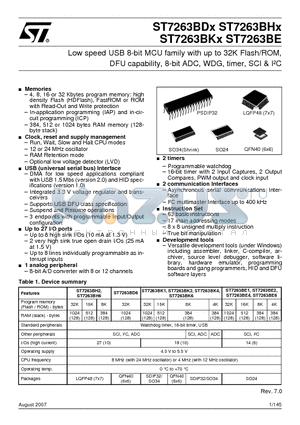 ST7263BD6U1 datasheet - Low speed USB 8-bit MCU family with up to 32K Flash/ROM, DFU capability, 8-bit ADC, WDG, timer, SCI & IbC