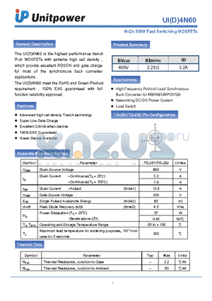 UID4N60 datasheet - N-Ch 600V Fast Switching MOSFETs