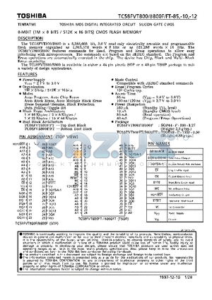 TC58FVT800F-85 datasheet - 8 MBIT (1M X 8 BITS / 512K X 16 BITS) CMOS FLASH MEMORY