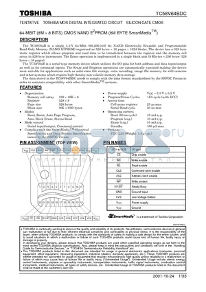 TC58V64BDC datasheet - 64-MBIT (8M x 8 BITS) CMOS NAND E2PROM (8M BYTE SmartMediaTM)