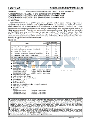 TC59S6408BFT-80 datasheet - 1,048,576/2,097,152/4,194,304-WORDSx4BANKSx16/8/4-BIT S SYNCHRONOUS DYNAMIC RAM