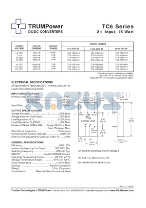 TC6-15S2415 datasheet - DC/DC CONVERTERS 2:1 Input, 15 Watt