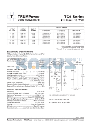 TC6-15S4805 datasheet - DC/DC CONVERTERS 2:1 Input, 15 Watt
