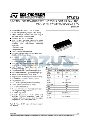 ST72752 datasheet - 8-BIT MCU FOR MONITORS WITH UP TO 32K ROM, 1K RAM, ADC, TIMER, SYNC, PWM/BRM, DDC/DMA & I2C