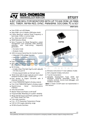 ST72771N9B1 datasheet - 8-BIT USB MCU FOR MONITORS WITH UP TO 60K ROM, 2K RAM, ADC, TIMER, INFRA RED, SYNC, PWM/BRM, DDC/DMA, I2C & SCI